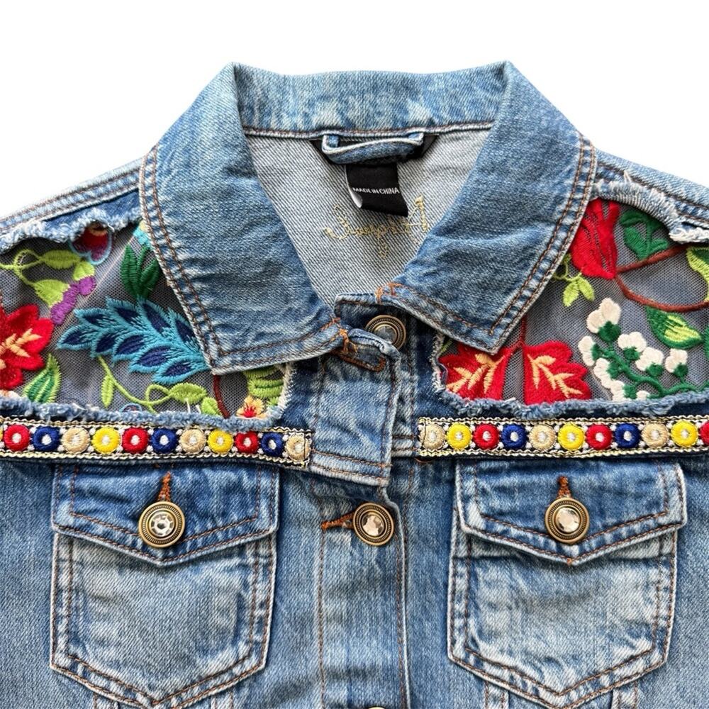 Desigual Fiorella Embroidered Denim Jacket Knitted Sleeves Bohemian Size 4 US - Picture 2 of 13